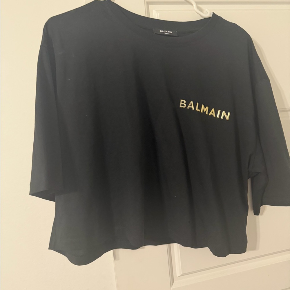 Balmain Black Cropped Logo Tee with Gold Script